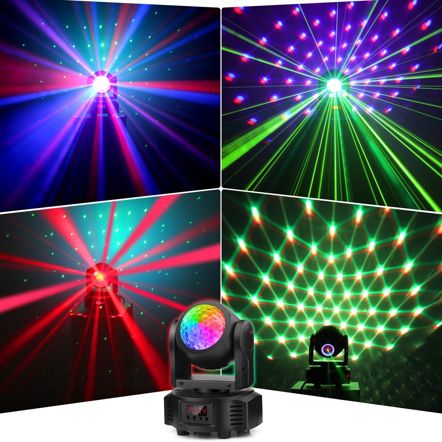 4-Pack, OPPSK 40W Mirror Ball + Strobe Light + Laser Light 3in1 Mini LED Moving Head Light